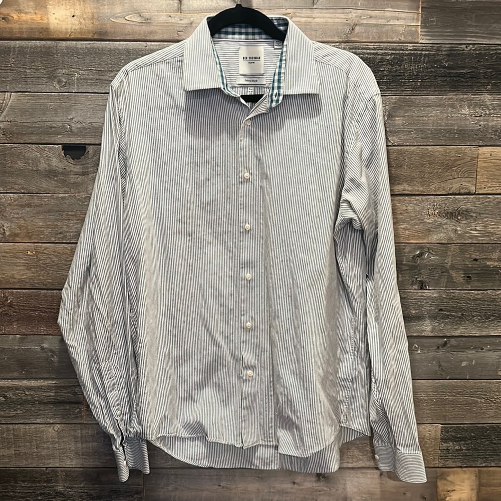 EUC Ben Sherman Slim Fit Men’s Grey Striped long sleeve shirt Sz L 16 1/2 36/37